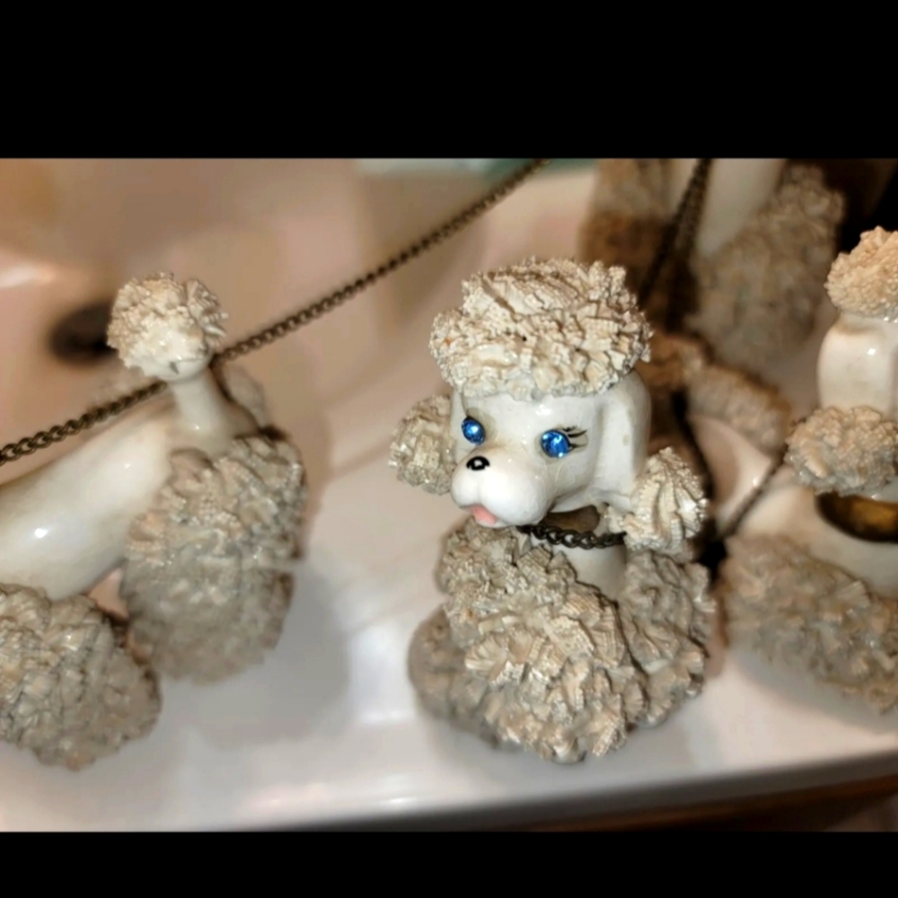 Vintage poodle set white blue gem eyes 4pc tied chained